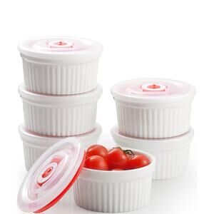 8oz Ceramic Ramekins with Lids Set of 6 Oven Safe White Creme Brulee Cups